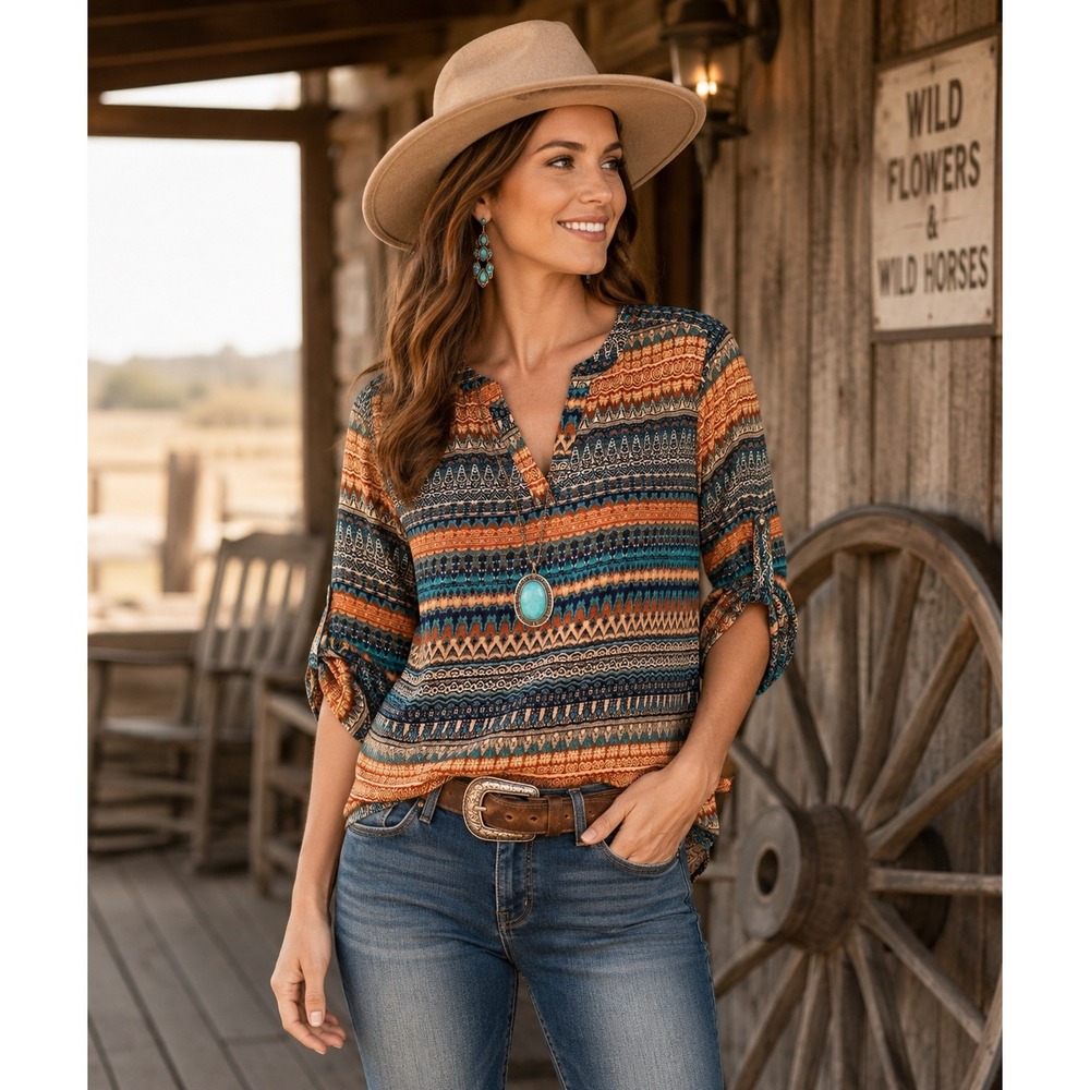 Est. 1946 Womens Plus 14/16W Orange Teal Geometric Tribal Roll Tab Sleeve Blouse